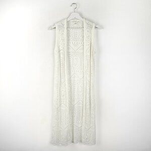 Crochet Duster Cardigan Vest Sleeveless Ivory XS